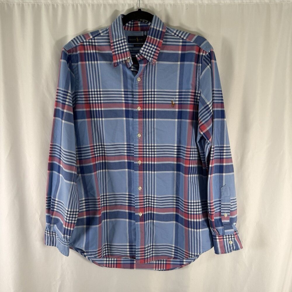 Ralph Lauren Dress Shirt Men's Medium Blue Plaid Classic Fit Button Up Long Slv